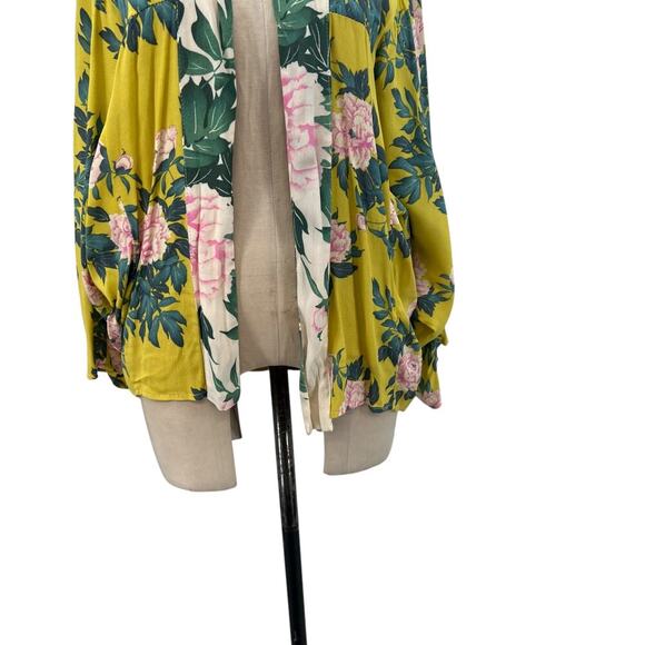 Anthropologie Elma Kimono Top Open Front Rose Floral Print Yellow One Size - Picture 5 of 13